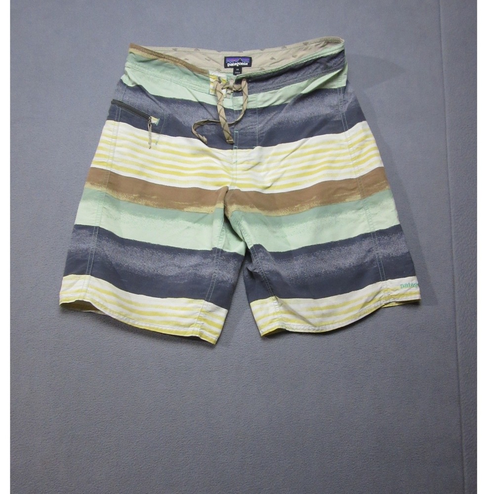 Patagonia Board Shorts Mens 34 Green Blue Brown Striped Swim Trunks